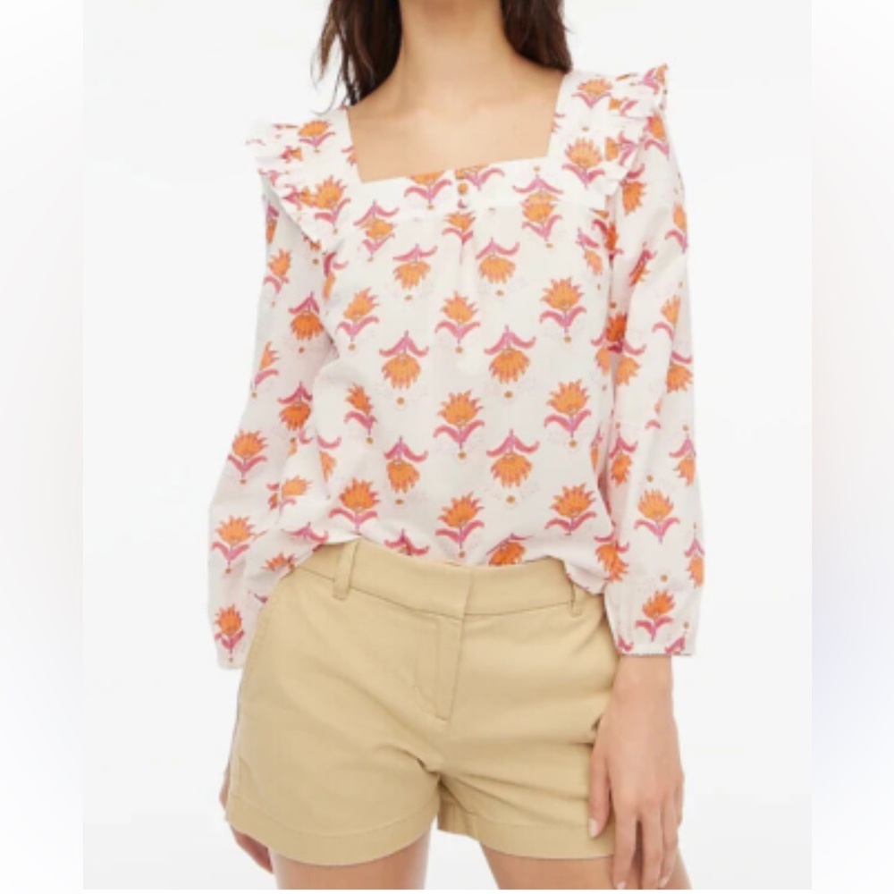 J. Crew Pink and Orange Printed Ruffle Top XS